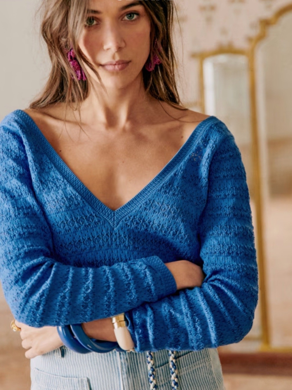 Sezane NWOT Blue Gretha V-Neck Lightweight Textured Knit Sweater